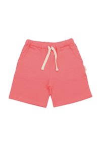 Coral cotton shorts with an elastic waistband, drawstring, two side pockets, and a soft texture. Simple design with clean hems.