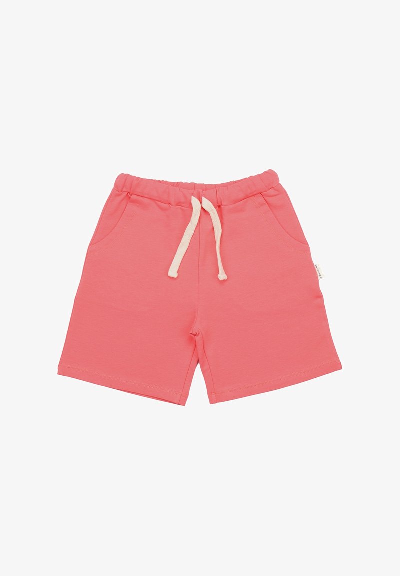 Coral cotton shorts with an elastic waistband, drawstring, two side pockets, and a soft texture. Simple design with clean hems.