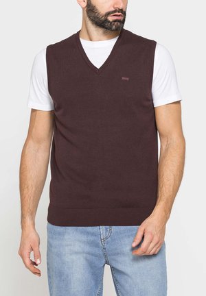Uomo che indossa un maglione scuro marrone senza maniche con scollo a V sopra una T-shirt bianca a maniche corte e jeans azzurri, guarda verso destra.