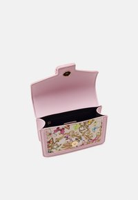 Pink leather wallet with a floral and butterfly design on the front, featuring a snap closure and black interior compartments.