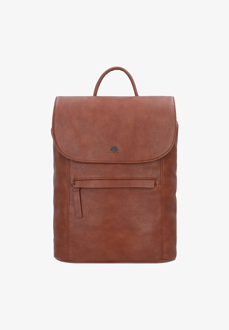 Sac à dos en cuir marron avec un rabat, poche zippée à l’avant et une poignée sur le dessus. Texture lisse et design minimaliste.