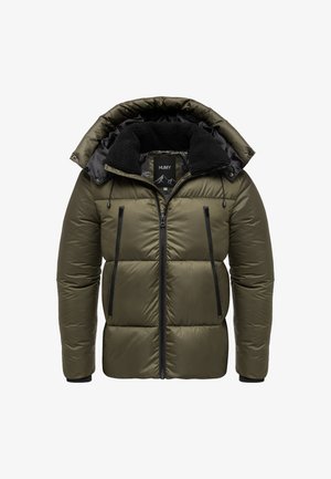 Olive green puffer jacket with a detachable hood, zippered pockets, and a fleece-lined collar. Features a quilted texture and black accents.