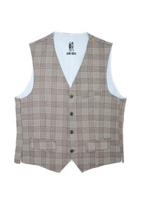 Karierter Weste in Braun und Creme. Mit V-Ausschnitt, fünf Knöpfen, zwei Fronttaschen und einem subtilen Karomuster. Gefüttert mit hellblauem Stoff.
