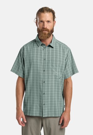 Man met baard en naar achteren gebonden haar draagt een kort mouw groen geruit overhemd met knopen en grijze broek, staand tegen een effen achtergrond.