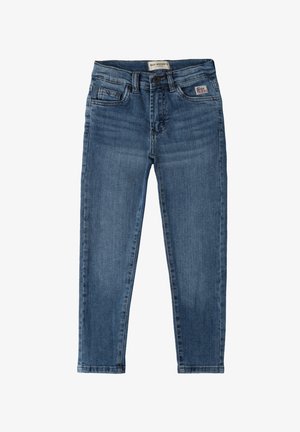 Jeans in denim blu con vestibilità dritta, chiusura con bottone argento, cinque tasche e una piccola etichetta del marchio sulla vita posteriore.