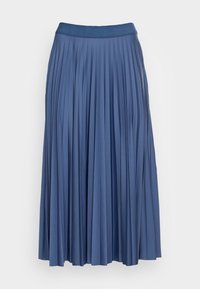 Falda midi plisada azul con cinturilla elástica ancha, presentada plana sobre un fondo claro.