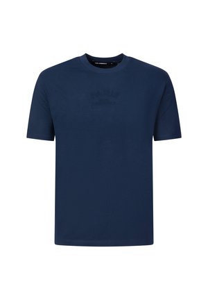 Marineblaue Kurzarm-T-Shirts mit Rundhalsausschnitt und dezent geprägt Textlogo auf der Brust.