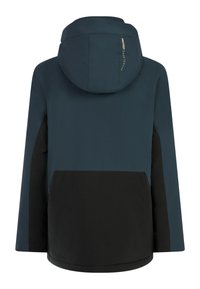 Een hoodie-jack in donkerteal en zwart, met een duurzame textuur, een ontspannen pasvorm en een gouden merklogo op de achterkant.