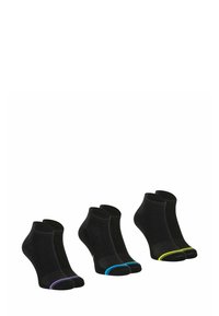 Chaussettes noires mi-mollet avec des accents colorés : une paire avec du violet, une avec du bleu et une autre avec du jaune aux poignets. Tissu doux et extensible.