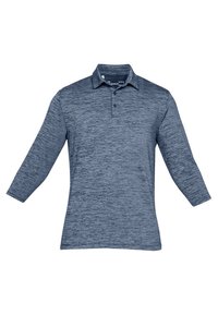 Marineblaue Langarm-Polohemd mit strukturiertem, meliertem Design, Drei-Knopf-Blende und klassischem Kragen.