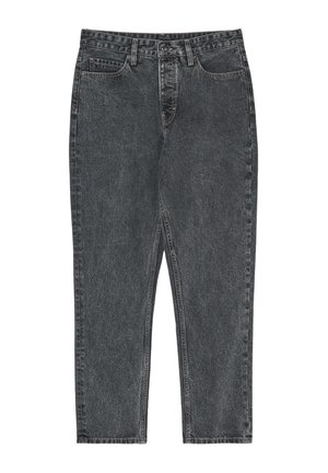 Zwart denim jeans met een hoge taille en een rechte pijp, afgewerkt met subtiele stiksels en een klassieke knoopsluiting in de tailleband.