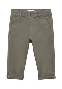 Pantaloni pentru copii în nuanța khaki, dintr-un amestec de bumbac, cu croi drept, cu bucle pentru curea, buzunare frontale și mansete răsucite cu cusături contrastante.