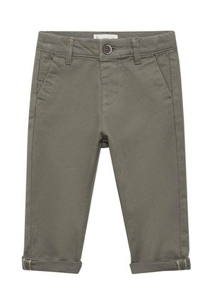 Khaki børnebukser i bomuldsblanding med lige snit, bælteløkker, forlommer og opkrøllede manchetter med kontrastsyning.