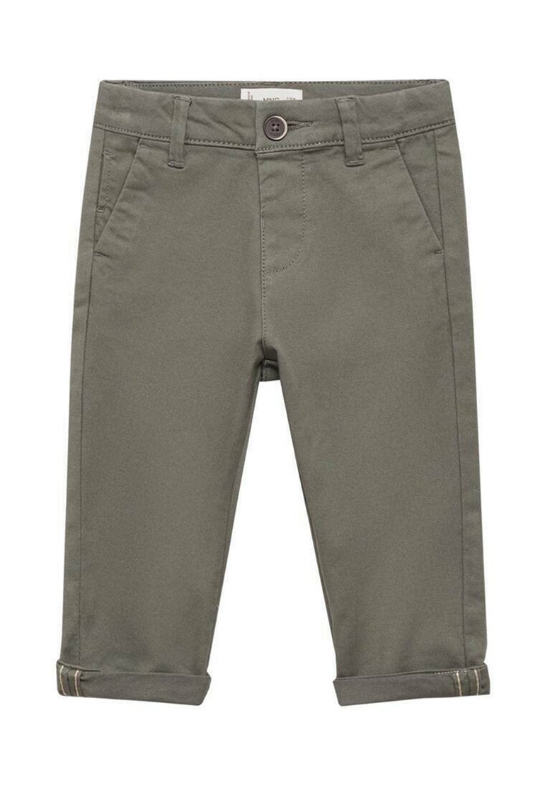 Pantaloni pentru copii în nuanța khaki, dintr-un amestec de bumbac, cu croi drept, cu bucle pentru curea, buzunare frontale și mansete răsucite cu cusături contrastante.