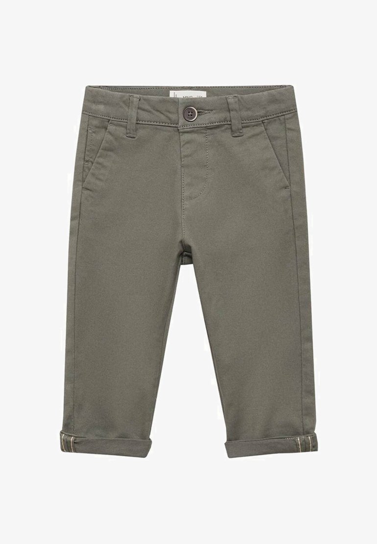 Pantalons pour enfants en mélange de coton couleur kaki, à coupe droite, avec passants de ceinture, poches avant et ourlets retroussés avec des coutures contrastées.