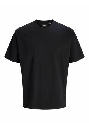 Preprost črn T-shirt s kratkimi rokavi in okroglim izrezom, običajnega kroja, prikazan na belem ozadju.