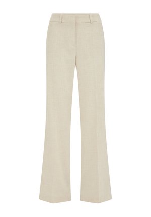 Pantalon beige en mélange de lin, coupe ajustée, avec passants pour ceinture, fermeture éclair à l'avant, jambes droites, sans poches visibles.