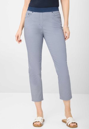 Blue and white patterned pants with a stretchy waistband, straight leg design, and cuffed hems. Made from a lightweight fabric.