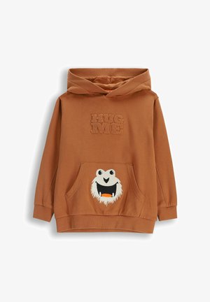 Brązowa bluza z kapturem z teksturowanym detalem "HUG ME" oraz haftowanym motywem potwora z pomarańczowymi akcentami i kieszenią z przodu.