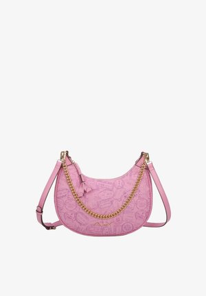 Borsa a mano rosa con finitura texture liscia, dotata di una tracolla in catena e pelle, design a rilievo con motivi di biglietti e un accento con logo.