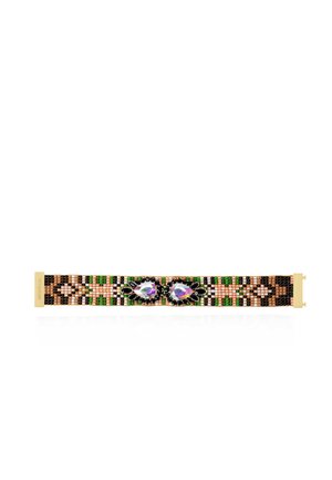 Beaded bracelet with a geometric pattern in black, green, pink, and brown, featuring two large iridescent teardrop-shaped stones in the center.
