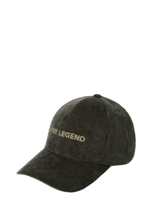 Casquette de baseball en velours côtelé vert foncé avec une visière incurvée et un texte brodé beige "THE LEGEND" sur le panneau avant.