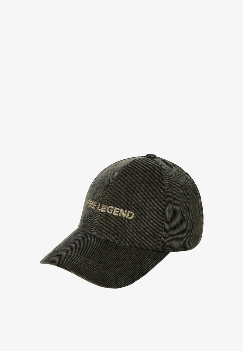 Casquette de baseball en velours côtelé vert foncé avec une visière incurvée et un texte brodé beige "THE LEGEND" sur le panneau avant.