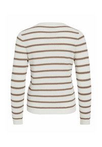 Pull en maille blanc avec des rayures horizontales marron, manches longues, poignets et ourlet côtelés, vu de dos.