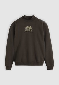 Sötétbarna, pamut keverékből készült pulóver, magas nyakkal, bordás mandzsettákkal és elöl fehér arany "LEVI'S" felirattal.