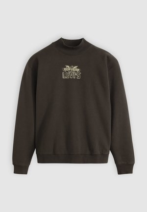 Sweatshirt maro închis, realizat dintr-un amestec de bumbac, cu gât înalt, manșete ribbate și un grafic frontal cu "LEVI'S" în auriu deschis.