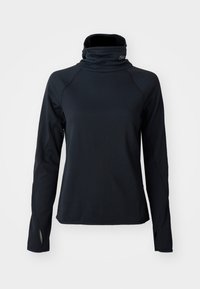 Sort langærmet pullover med høj krave. Fremstillet af struktureret stof, den har raglanærmer og tommelhuller. Mærkets logo nær kraven.