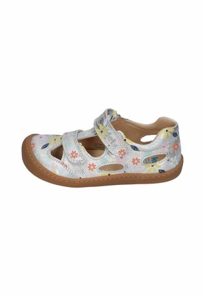 Children’s floral-patterned white sandal with adjustable double straps and brown flexible rubber sole, designed for comfort and ventilation.