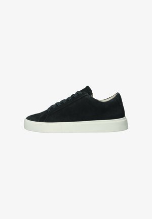 Black suede low-top sneaker with black laces and thick white rubber sole, viewed from the outer side.