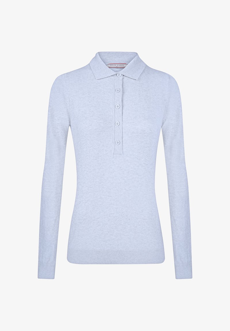 Jasnoszara koszulka polo z długim rękawem wykonana z miękkiego materiału, z kołnierzem i sześcioma dopasowanymi guzikami z przodu. Ribowany dół.