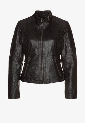 Veste en cuir noire avec fermeture éclair frontale, poches latérales zippées, col montant avec boucle et panneaux d'épaule texturés.