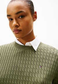 Olijfgroene gebreide trui met een textuur kabelpatroon, voorzien van een ronde halslijn en een klein logo patch in rood, wit en blauw.