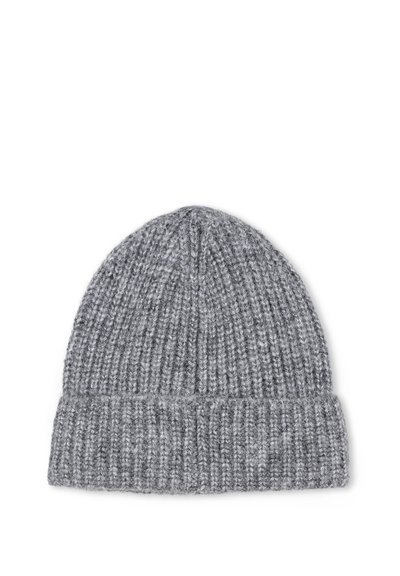 Bonnet en tricot gris avec une texture côtelée, comportant un revers replié et un sommet effilé. Fabriqué en matériau doux et chaud.