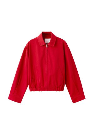 Giacca rossa con zip, collo, maniche lunghe, orlo elastico e tasche laterali.