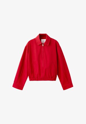 Giacca rossa con zip, collo, maniche lunghe, orlo elastico e tasche laterali.