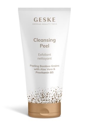GESKE Cleansing Peel tube with peeling bamboo grains, aloe vera, and provitamin B5, white and gold packaging with brown cap.