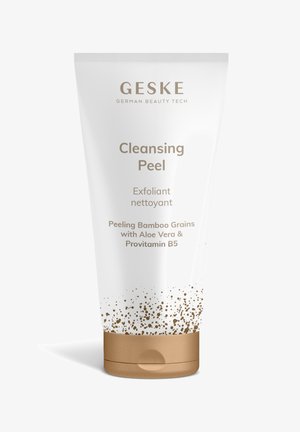 GESKE Cleansing Peel tube with peeling bamboo grains, aloe vera, and provitamin B5, white and gold packaging with brown cap.