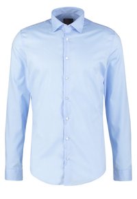 Ljusblå långärmad skjorta i slätt tyg, med knäppning framtill, klassisk krage och vita knappar.
