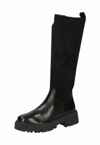 Botas negras hasta la rodilla hechas de cuero liso y ante suave. Cuentan con una suela de goma gruesa y una pestaña para facilitar el ponerlas.