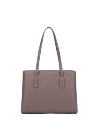 Borsa tote in finta pelle grigia con due manici lunghi, superficie liscia, forma rettangolare e dettagli di cucitura sottile lungo i bordi.