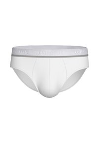 Weiße Baumwollboxershorts für Herren mit einer abgerundeten Tasche, ausgestattet mit einem weichen Bund, der in einem subtilen Grauton mit "IMPE UTUS" beschriftet ist.
