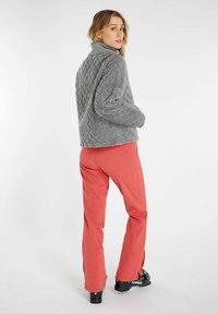 Grijze gevoerde fleecejack met hoge kraag, gecombineerd met roze slim-fit broek en zwarte skischoenen, gezien vanaf de achterkant.