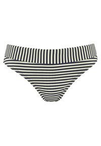 Pruhované bikiny spodní část s námořnickými a krémovými vodorovnými pruhy, měkká tkanina, široký pas a klasický střih.