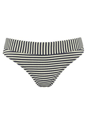 Pruhované bikiny spodní část s námořnickými a krémovými vodorovnými pruhy, měkká tkanina, široký pas a klasický střih.