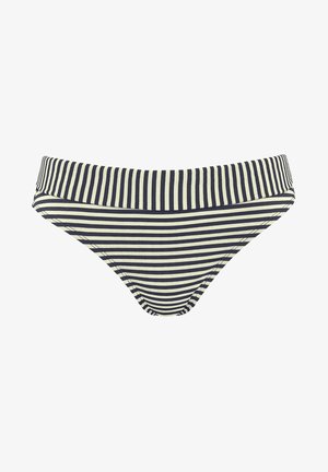 Gestreifte Bikini-Höschen mit horizontalen Streifen in Marineblau und Creme, aus weichem Stoff, breitem Taillenbund und klassischer Briefform.