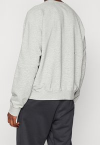 Grauer Pullover mit Rundhalsausschnitt und Raglanärmeln. Weicher, strukturierter Stoff; gerippte Bündchen und Saum; kleines Logodetail auf der Rückseite.